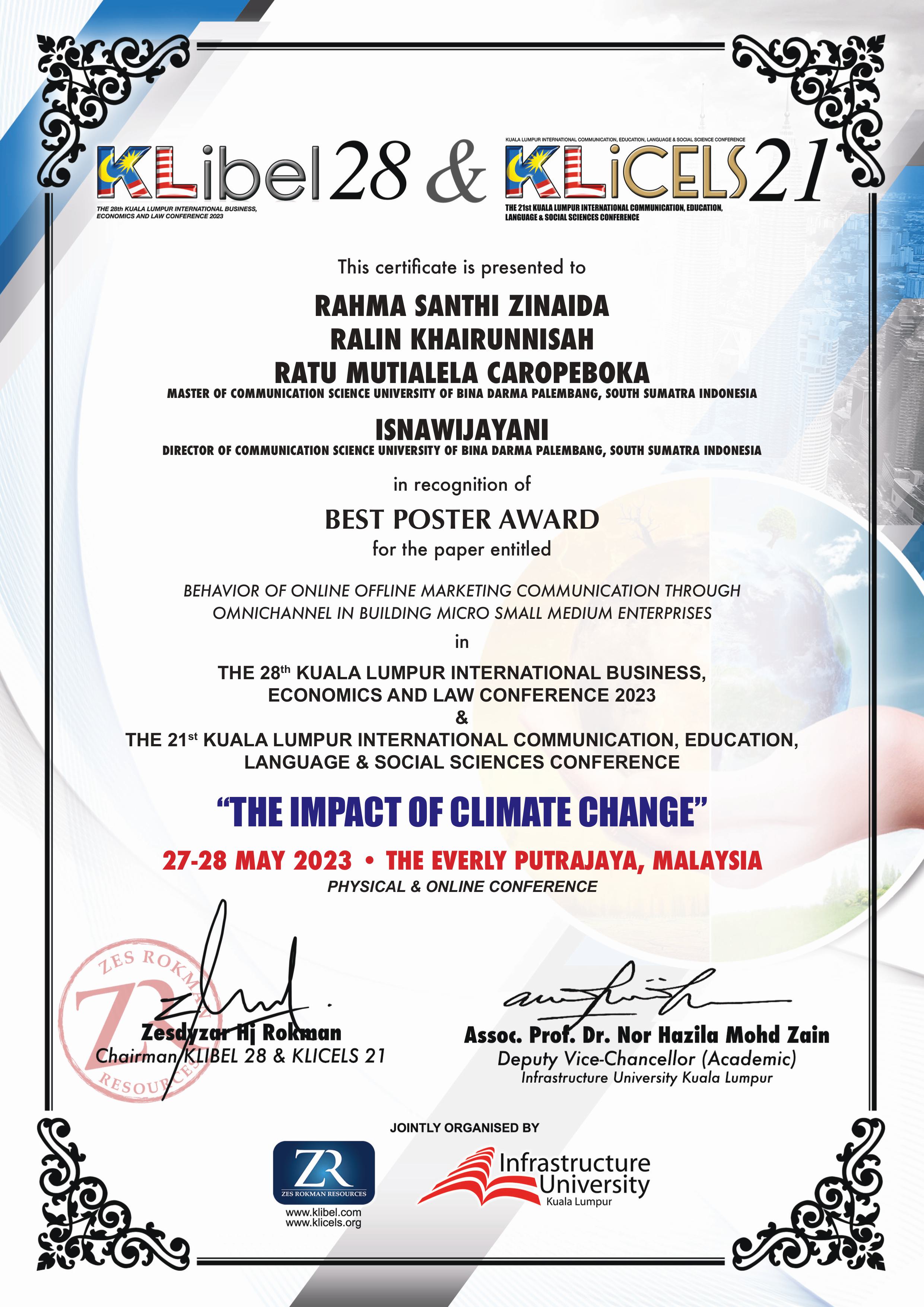 Kolaborasi Dosen dan Mahasiswa Magister Ilmu Komunikasi UBD Raih Best Posters Award pada Konferensi Internasional