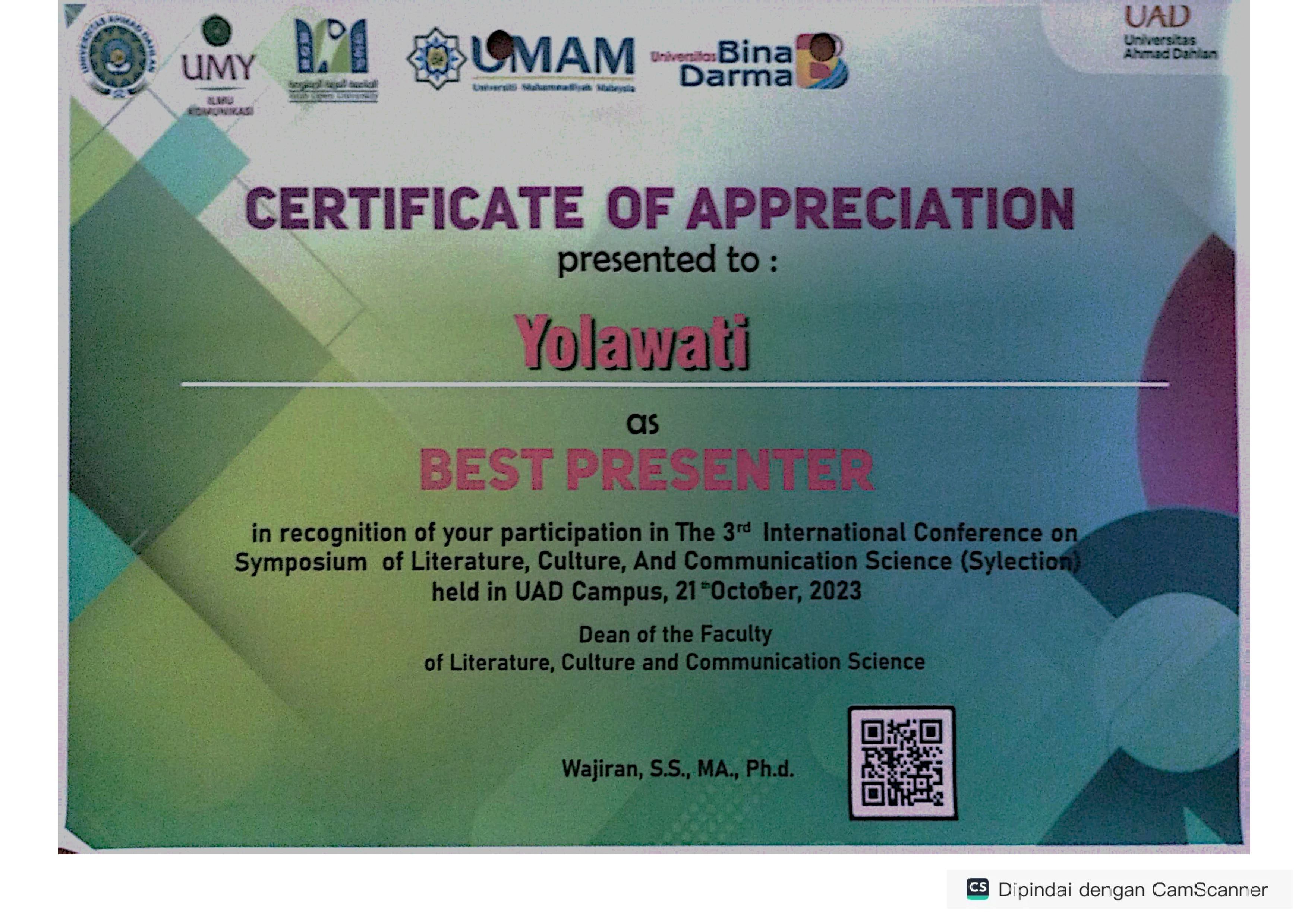 >Delegasi Mahasiswa Magister Ilmu Komunikasi UBD Raih Best Presenter pada Konferensi Internasional Sylection 2023